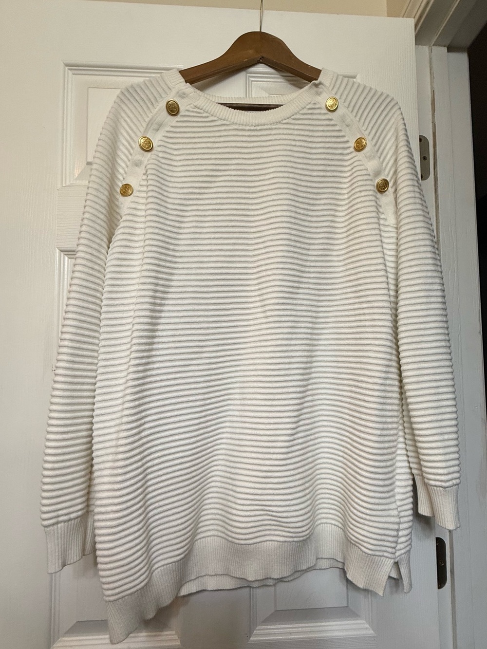 Seraphine Cream Ribbed Crewneck Sweater with Gold Shoulder Buttons